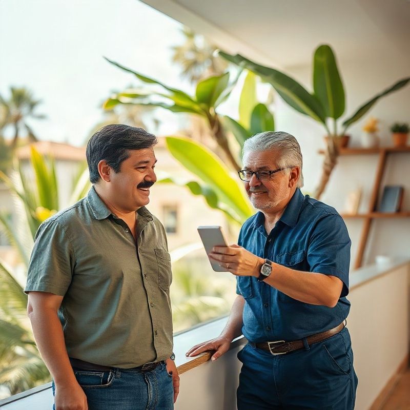 Dois familiares medindo uma fotografia na bancada do ateliê